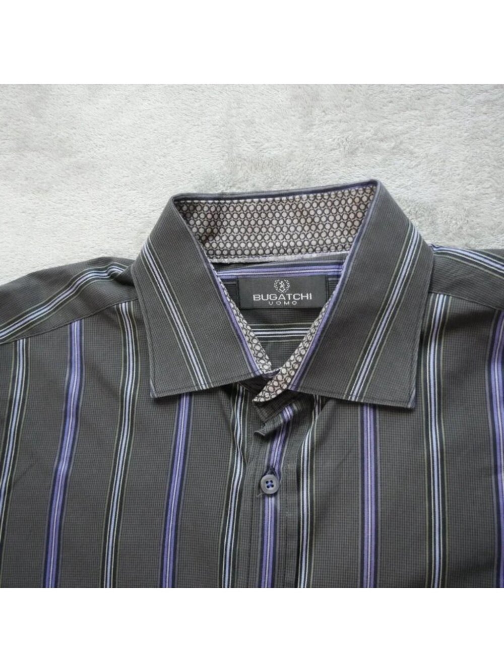 Bugatchi Uomo Men's Large Black Purple Striped Button Up Shirt Cotton - Picture 5 of 13